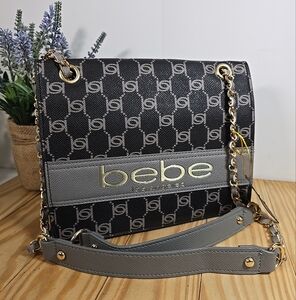 Bebe Serena Black Gray Top Flap Gold Chain Shoulder Crossbody Purse NWT